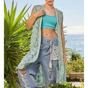 POL Daisy Floral Oversize Lt Teal Crochet Lace Vest Boho Festival Womens S Fairy